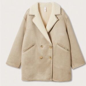 Mango Tan Double-Breasted Coat with Cream Collar